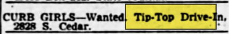 Tip-Top Drive-In - May 1952 Curb Girls Needed For Lansing - Slightly Different Address